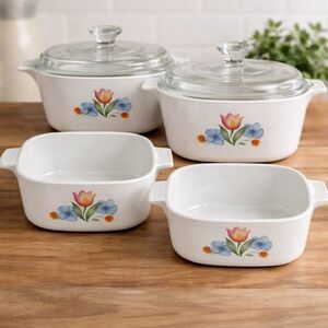 Vintage CorningWare Set of 4 Casserole Dishes w/ 2 Lids Floral Pattern